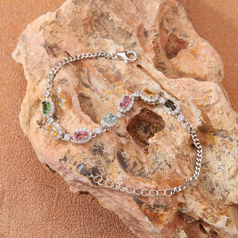 Tourmaline Bracelet in 925 Sterling Silver with Seven Multicolored Oval Gemstones