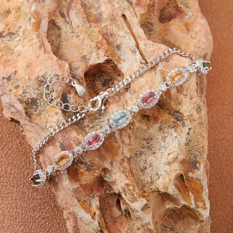 Tourmaline Bracelet in 925 Sterling Silver with Seven Multicolored Oval Gemstones