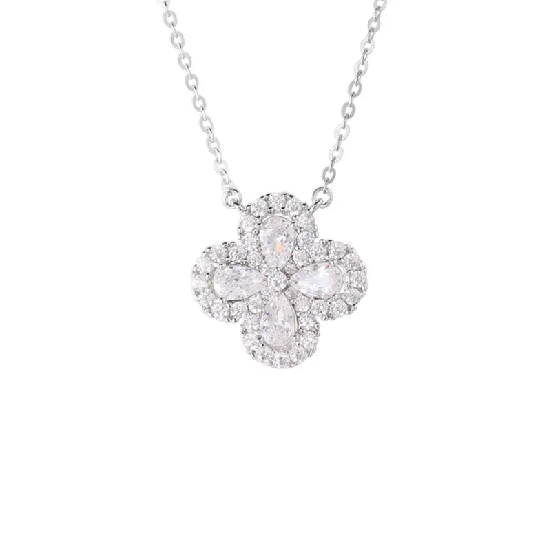 Clover Choker Necklace 925 Sterling Silver Four Pear-Shaped Cubic Zirconia Stones