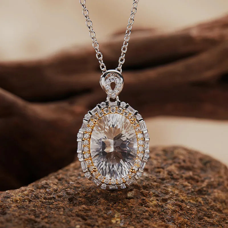 Gemstone Pendant Necklace with an Oval Ballerina Halo Inspired by Art Deco in 925 Sterling Silver
