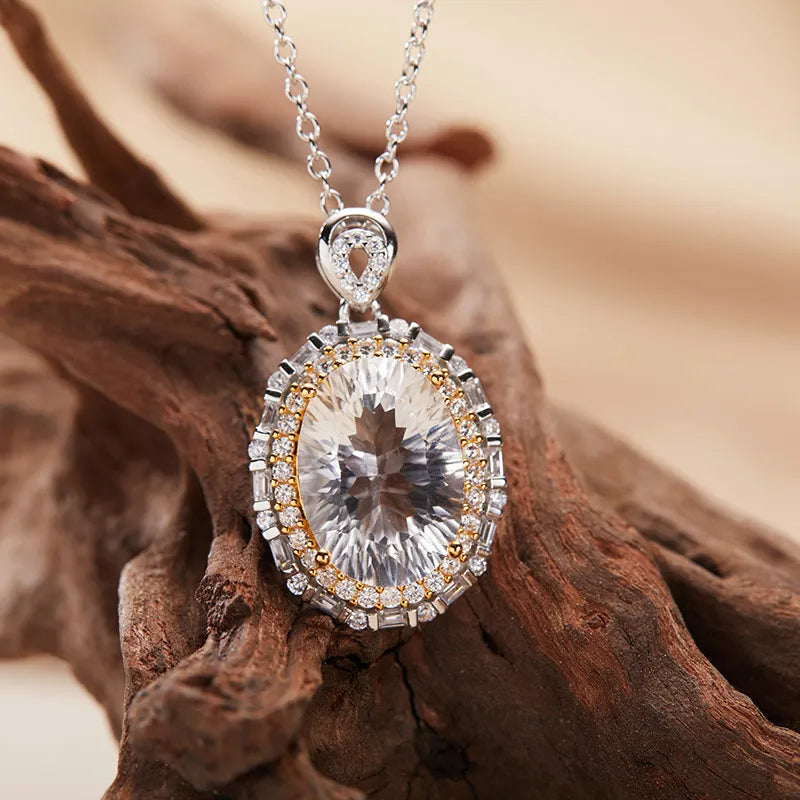 Gemstone Pendant Necklace with an Oval Ballerina Halo Inspired by Art Deco in 925 Sterling Silver